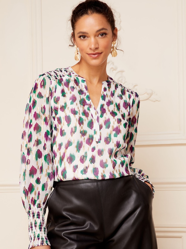 Love & Roses Ivory White Metallic Animal Sheer V Neck Long Sleeve Over The Head Blouse - Image 2 of 4