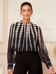 Love & Roses Black Petite Printed Ruched High Neck Long Sleeve Chiffon Blouse - Image 1 of 4
