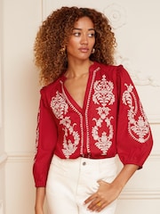 Love & Roses Red Ruffle V Neck Contrast Broderie Button Up 3/4 Sleeve Blouse - Image 1 of 4