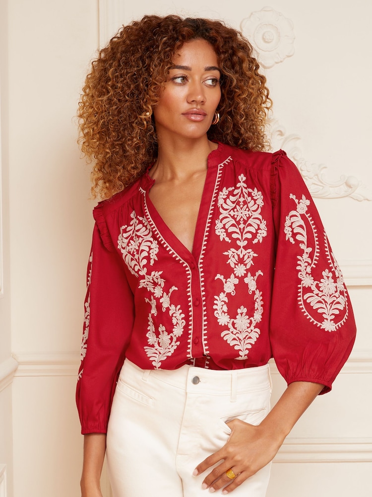 Love & Roses Red Ruffle V Neck Contrast Broderie Button Up 3/4 Sleeve Blouse - Image 1 of 4
