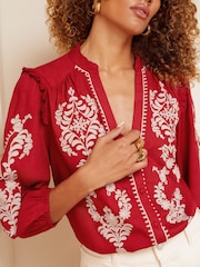 Love & Roses Red Ruffle V Neck Contrast Broderie Button Up 3/4 Sleeve Blouse - Image 2 of 4