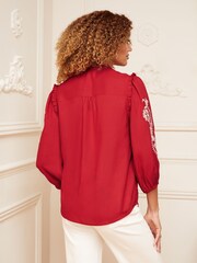 Love & Roses Red Ruffle V Neck Contrast Broderie Button Up 3/4 Sleeve Blouse - Image 3 of 4