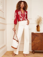 Love & Roses Red Ruffle V Neck Contrast Broderie Button Up 3/4 Sleeve Blouse - Image 4 of 4