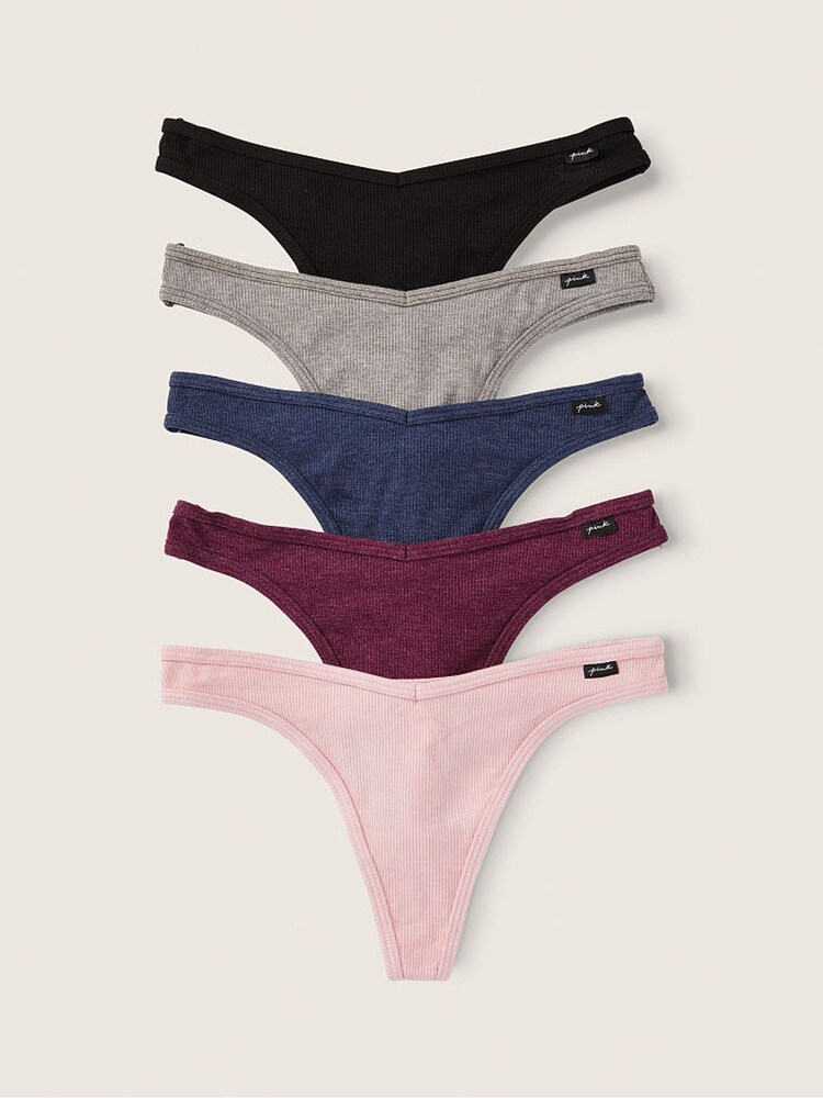 Victoria's Secret PINK Black/Grey/Blue/Burgundy/Pink Thong Cotton 5 Pack Knickers - Image 1 of 1