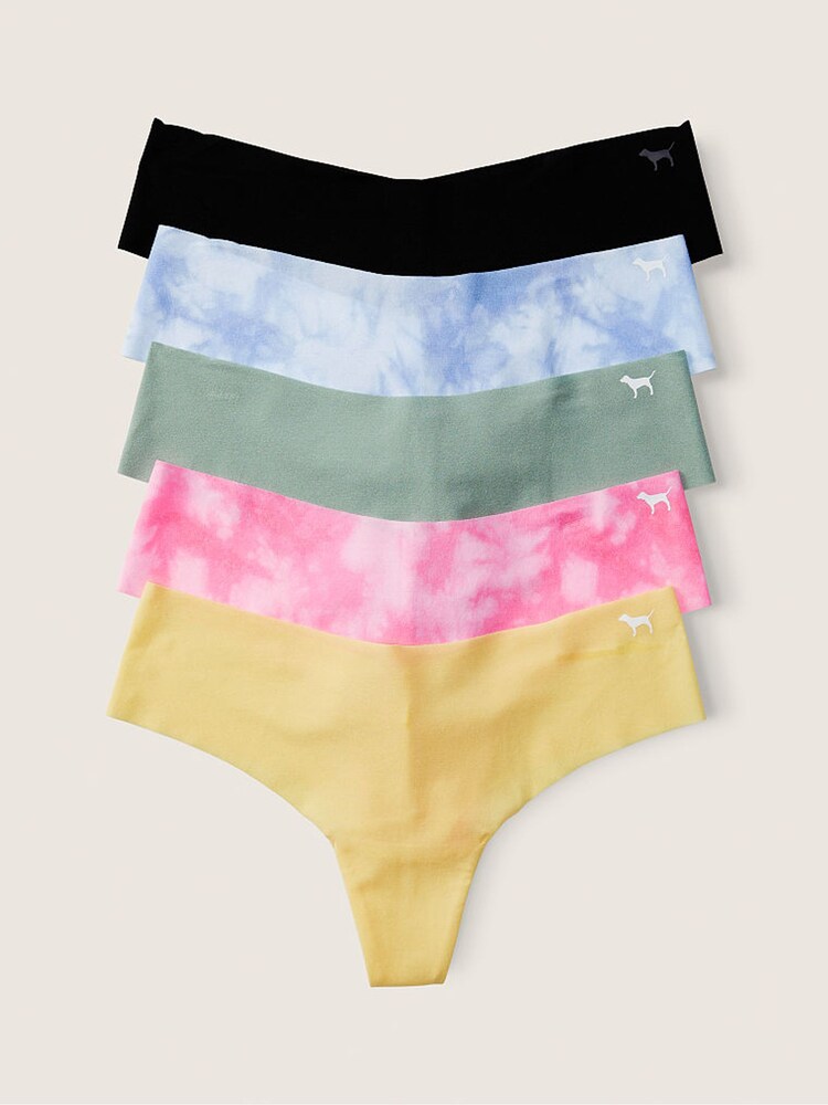 Victoria's Secret PINK Black/Blue/Green/Yellow/Pink Thong Smooth No Show Knickers Multipack - Image 1 of 1