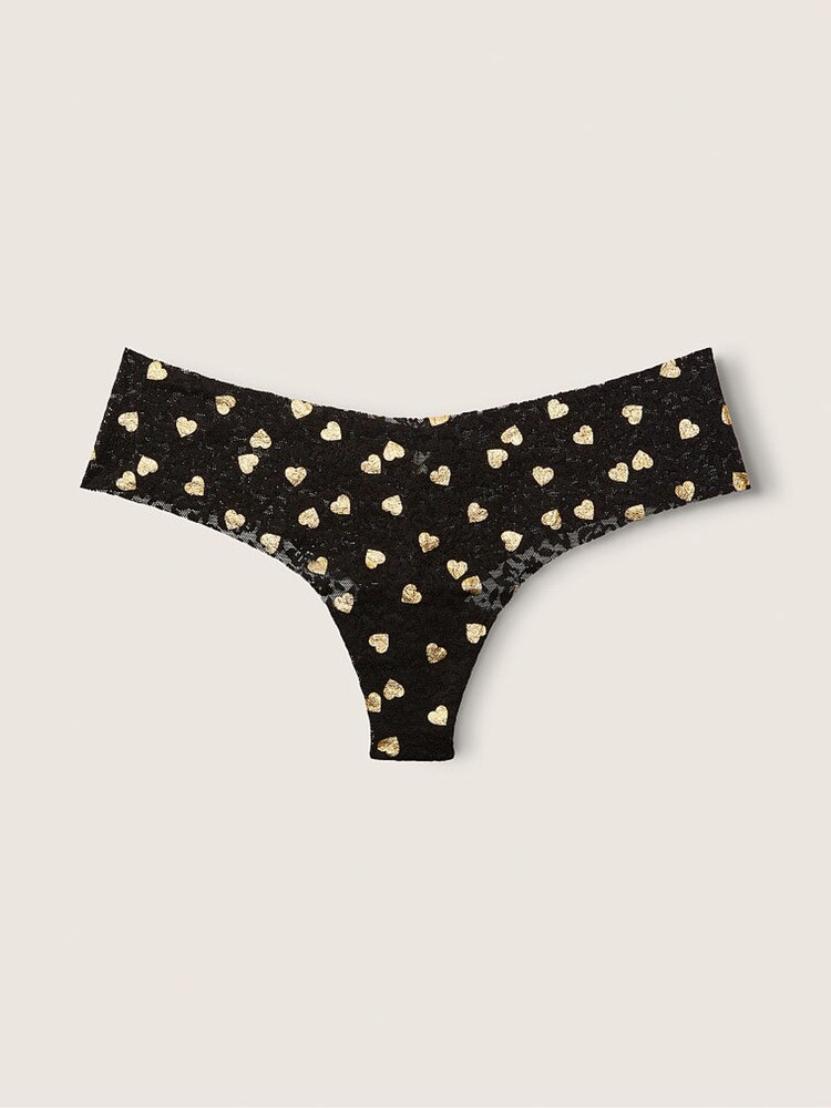 Victoria's Secret PINK Shine Hearts Pure Black Thong Lace No Show Knickers - Image 1 of 3