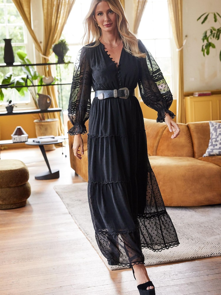 Friends Like These Black Chiffon Long Sleeve Maxi Dress - Image 1 of 4