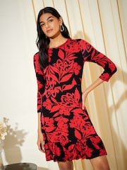 Friends Like These Red Floral Fit And Flare Round Neck 3/4 Sleeve Dress - Image 1 of 4