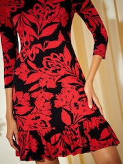 Friends Like These Red Floral Fit And Flare Round Neck 3/4 Sleeve Dress - Image 2 of 4