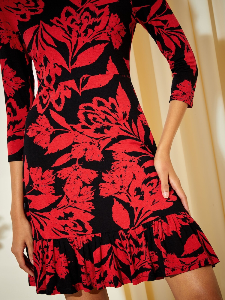 Friends Like These Red Floral Fit And Flare Round Neck 3/4 Sleeve Dress - Image 2 of 4
