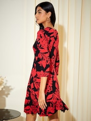 Friends Like These Red Floral Fit And Flare Round Neck 3/4 Sleeve Dress - Image 4 of 4