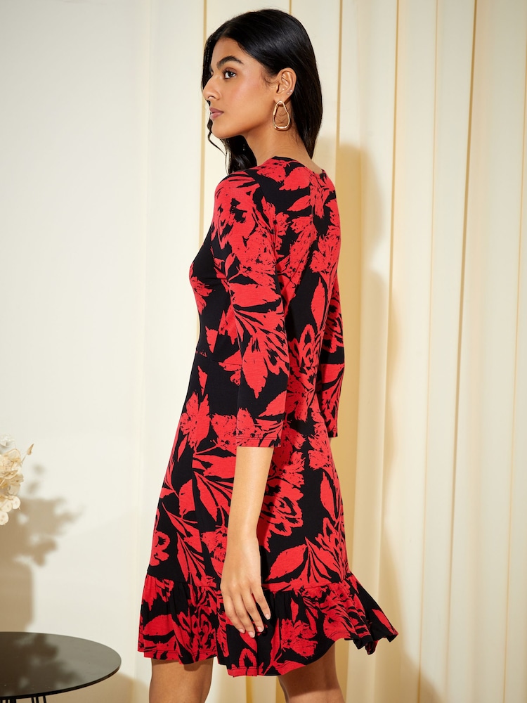 Friends Like These Red Floral Fit And Flare Round Neck 3/4 Sleeve Dress - Image 4 of 4