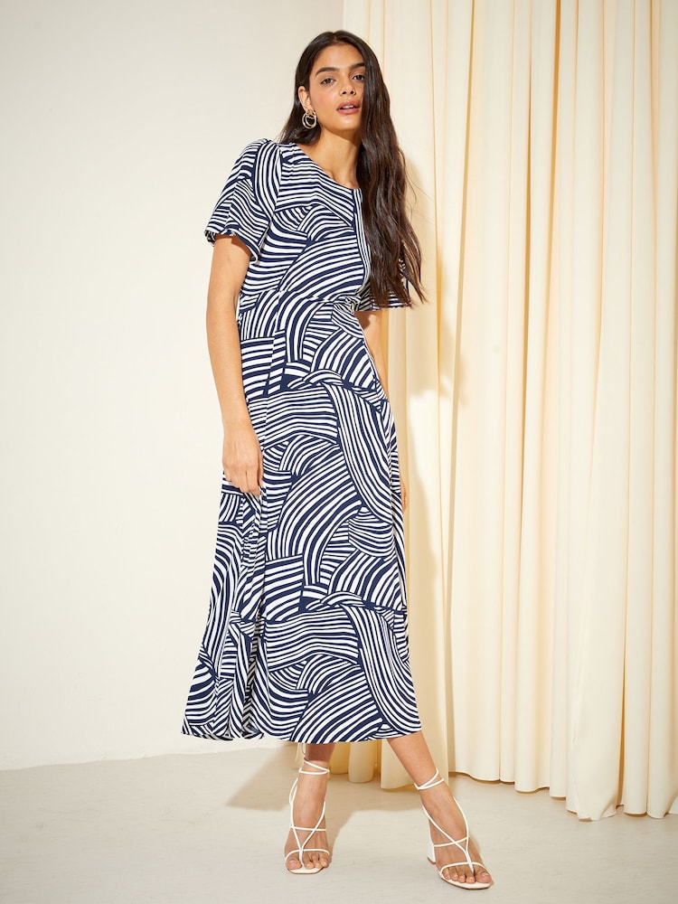 Friends Like These Navy Swirl ITY Angel Shorts Sleeve Midi Dress - Image 2 of 4 Friends Like These Navy Swirl ITY Angel Shorts Sleeve Midi Dress - Image 2 of 4