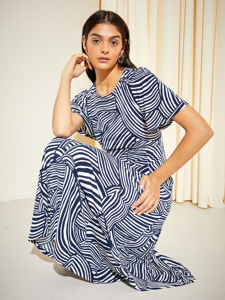 Friends Like These Navy Swirl ITY Angel Shorts Sleeve Midi Dress - Image 3 of 4