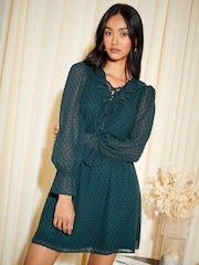 Friends Like These Green Khaki Ruffle Chiffon Tie Detail Long Sleeve Mini Dress - Image 1 of 4