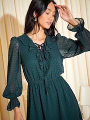 Friends Like These Green Khaki Ruffle Chiffon Tie Detail Long Sleeve Mini Dress - Image 4 of 4
