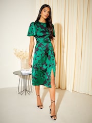 Friends Like These Dark Green Floral Flutter Sleeve Printed Satin Midi Summer Dress - Image 1 of 4