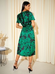 Friends Like These Dark Green Floral Flutter Sleeve Printed Satin Midi Summer Dress - Image 2 of 4