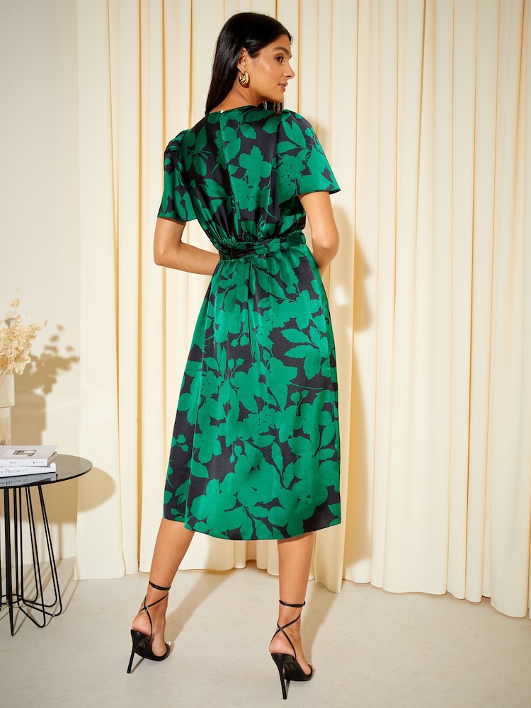Friends Like These Dark Green Floral Flutter Sleeve Printed Satin Midi Summer Dress - Image 2 of 4
