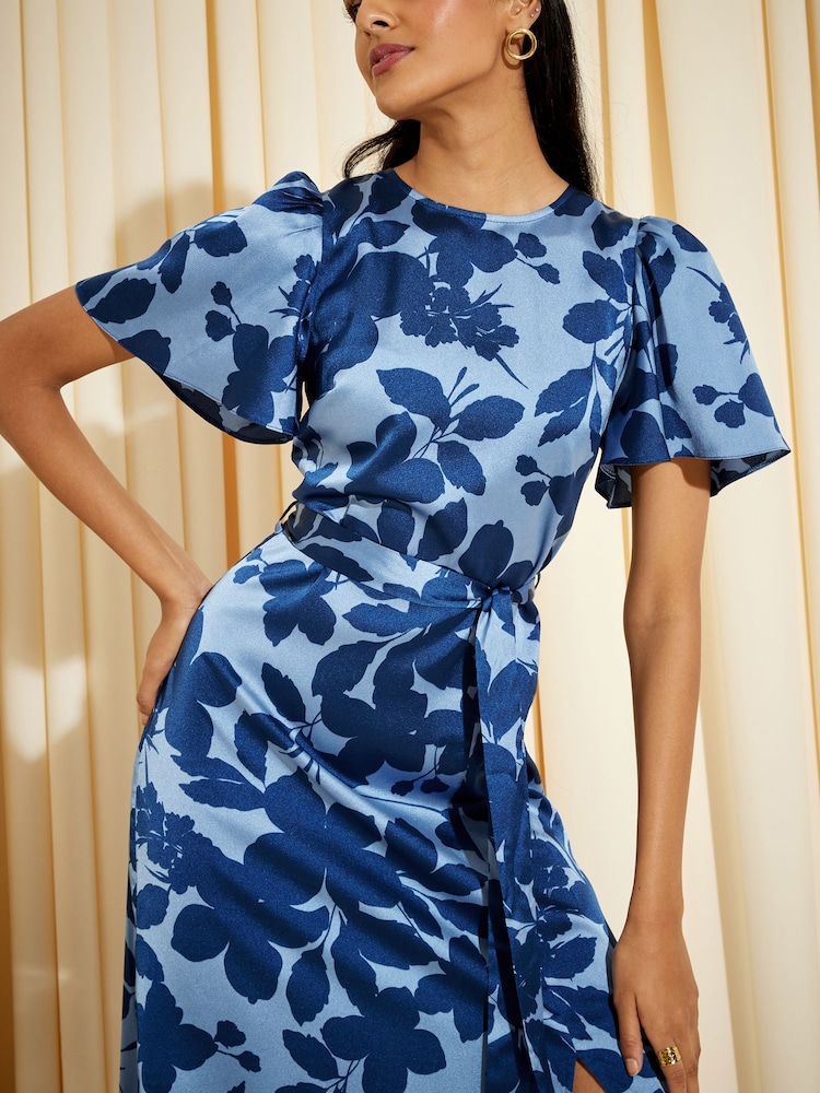 Friends Like These Navy Blue Floral Flutter Sleeve Printed Satin Midi Summer Dress - Image 2 of 4