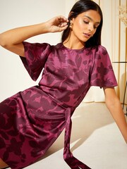 Friends Like These Burgundy Red Floral Flutter Sleeve Satin Belted Mini Summer Dress - Image 3 of 4