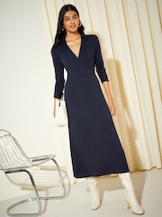 Friends Like These Navy Blue Long Sleeve Jersey Wrap Midi Dress - Image 3 of 5