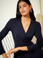 Friends Like These Navy Blue Long Sleeve Jersey Wrap Midi Dress - Image 4 of 5