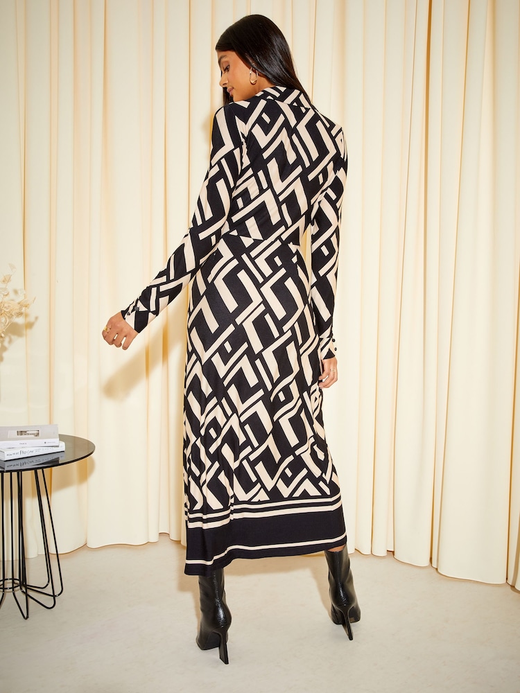 Friends Like These Black/White Long Sleeve Jersey Wrap Midi Dress - Image 4 of 4