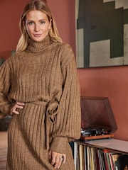 Friends Like These Camel Ribbed Roll Neck Belted Long Sleeve Mini Dress - Image 4 of 4