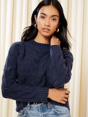 Friends Like These Navy Blue Crew Neck Cable Pointelle Knit Jumper - Image 1 of 4