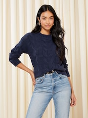 Friends Like These Navy Blue Crew Neck Cable Pointelle Knit Jumper - Image 2 of 4