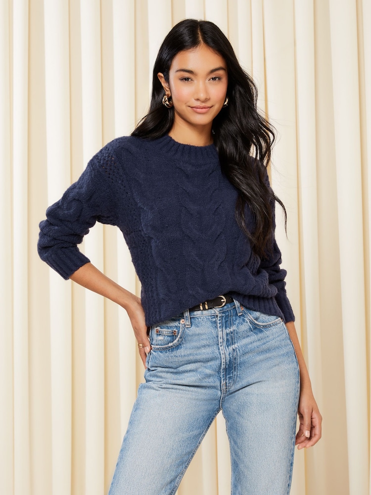 Friends Like These Navy Blue Crew Neck Cable Pointelle Knit Jumper - Image 2 of 4
