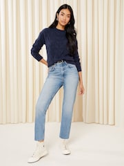 Friends Like These Navy Blue Crew Neck Cable Pointelle Knit Jumper - Image 3 of 4