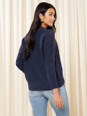 Friends Like These Navy Blue Crew Neck Cable Pointelle Knit Jumper - Image 4 of 4