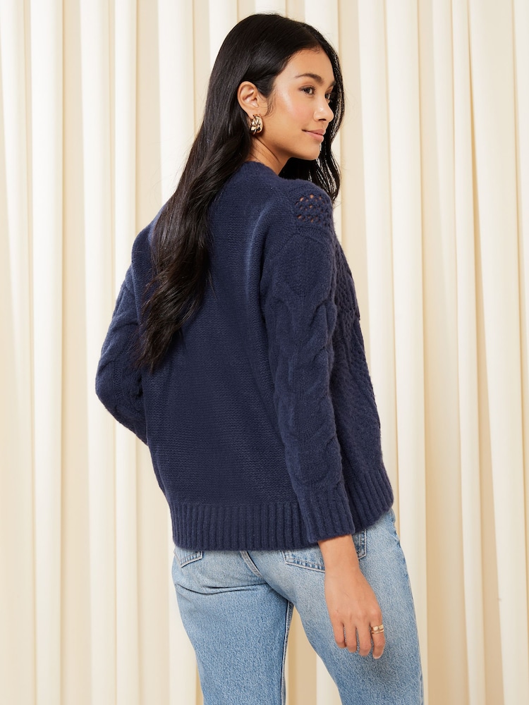 Friends Like These Navy Blue Crew Neck Cable Pointelle Knit Jumper - Image 4 of 4