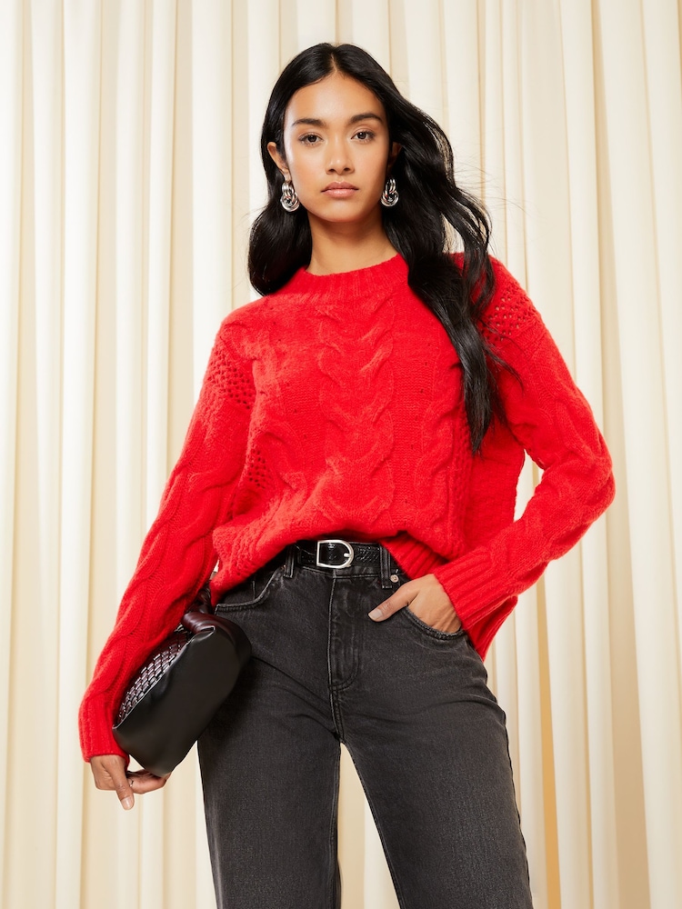 Friends Like These Berry Red Crew Neck Cable Pointelle Knit Jumper - Image 1 of 4