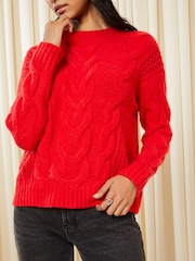 Friends Like These Berry Red Crew Neck Cable Pointelle Knit Jumper - Image 2 of 4