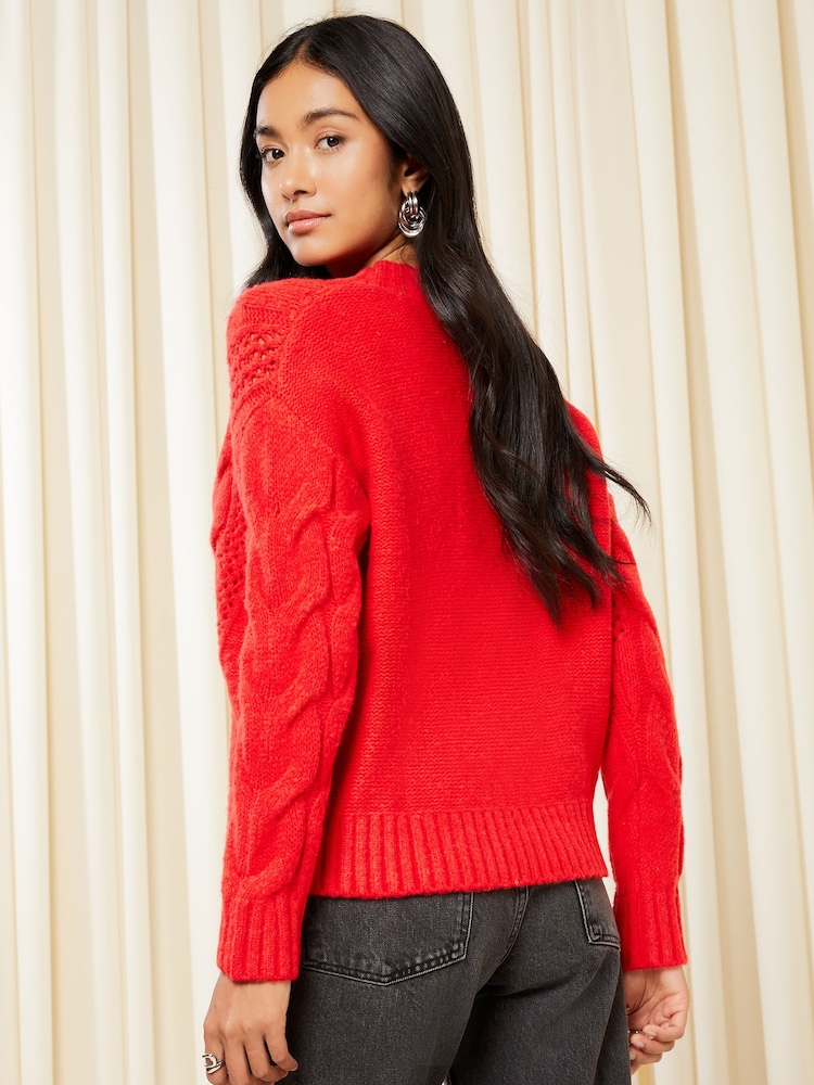 Friends Like These Berry Red Crew Neck Cable Pointelle Knit Jumper - Image 4 of 4