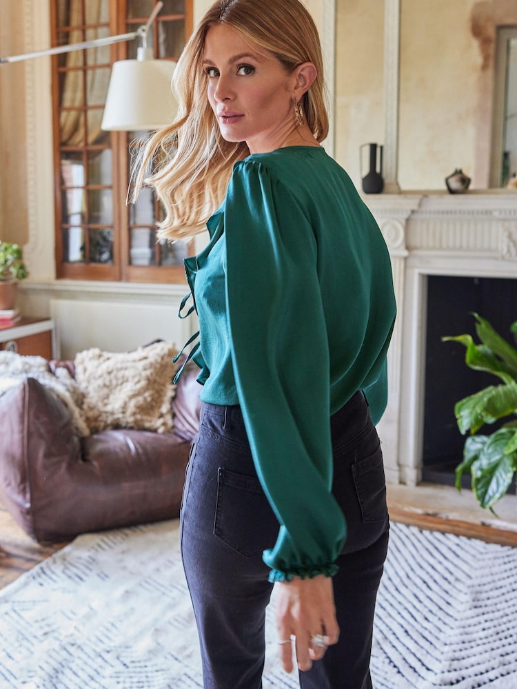 Friends Like These Emerald Green Satin Long Sleeve Ruffle Front V Neck Blouse - Image 2 of 4