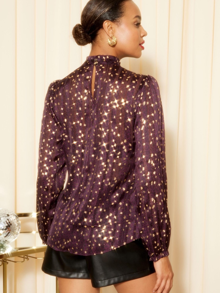 Friends Like These Burgundy Red Long Sleeve Pie Crust High Neck Chiffon Blouse - Image 2 of 4