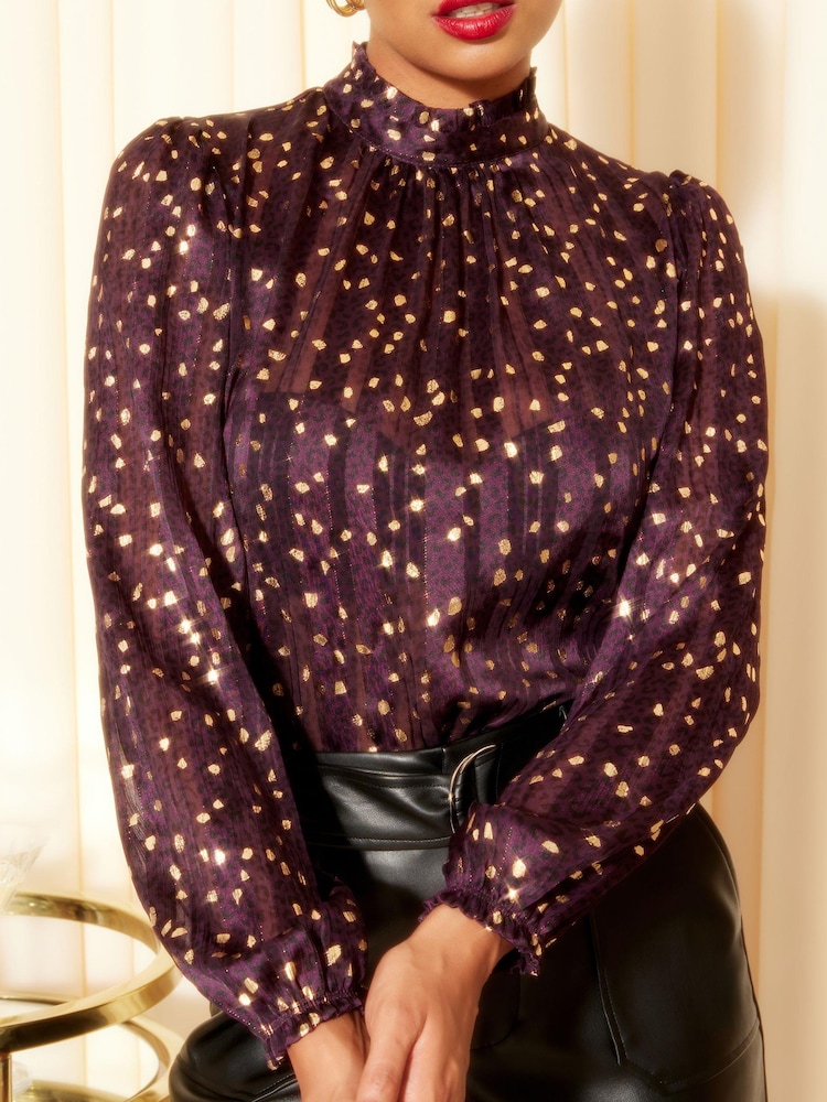 Friends Like These Burgundy Red Long Sleeve Pie Crust High Neck Chiffon Blouse - Image 4 of 4 Friends Like These Burgundy Red Long Sleeve Pie Crust High Neck Chiffon Blouse - Image 4 of 4