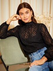 Friends Like These Black Long Sleeve Pie Crust High Neck Chiffon Blouse - Image 1 of 4