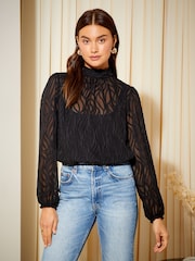 Friends Like These Black Long Sleeve Pie Crust High Neck Chiffon Blouse - Image 3 of 4