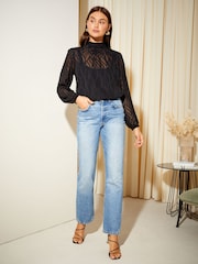 Friends Like These Black Long Sleeve Pie Crust High Neck Chiffon Blouse - Image 4 of 4