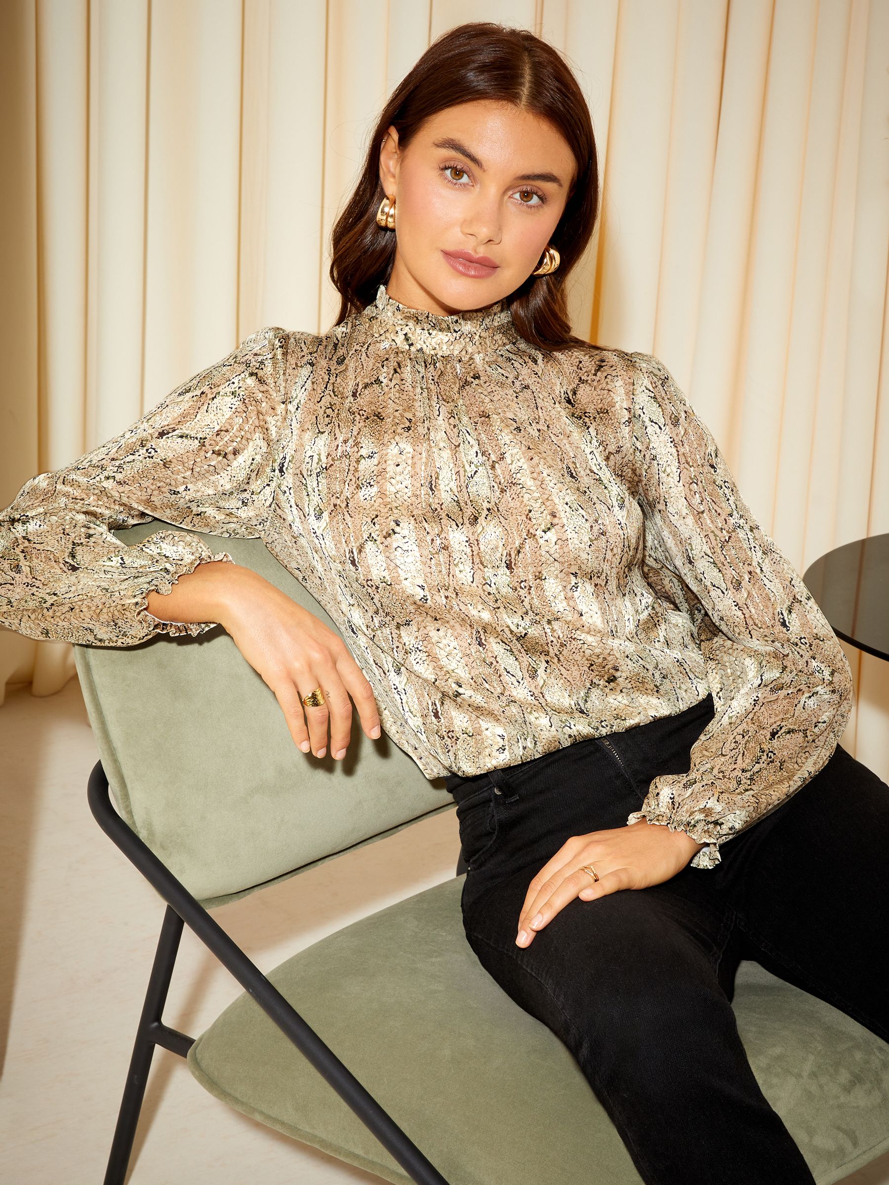 Buy Friends Like These Cream Snake Long Sleeve Pie Crust High Neck Chiffon Blouse from Next Luxembourg