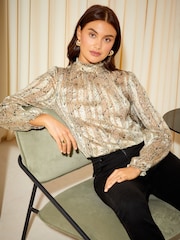 Friends Like These Cream Snake Long Sleeve Pie Crust High Neck Chiffon Blouse - Image 1 of 4