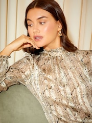 Friends Like These Cream Snake Long Sleeve Pie Crust High Neck Chiffon Blouse - Image 3 of 4