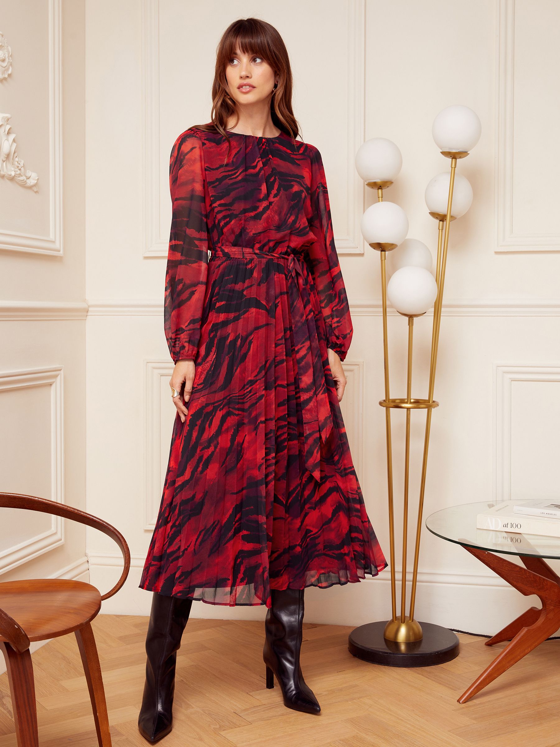 Buy Love & Roses Red/Black Animal Printed Belted Pleated Long Sleeve Midi  Dress from Next Luxembourg