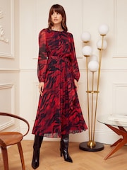 Love & Roses Red/Black Animal Printed Belted Pleated Long Sleeve Midi Dress - Image 1 of 4