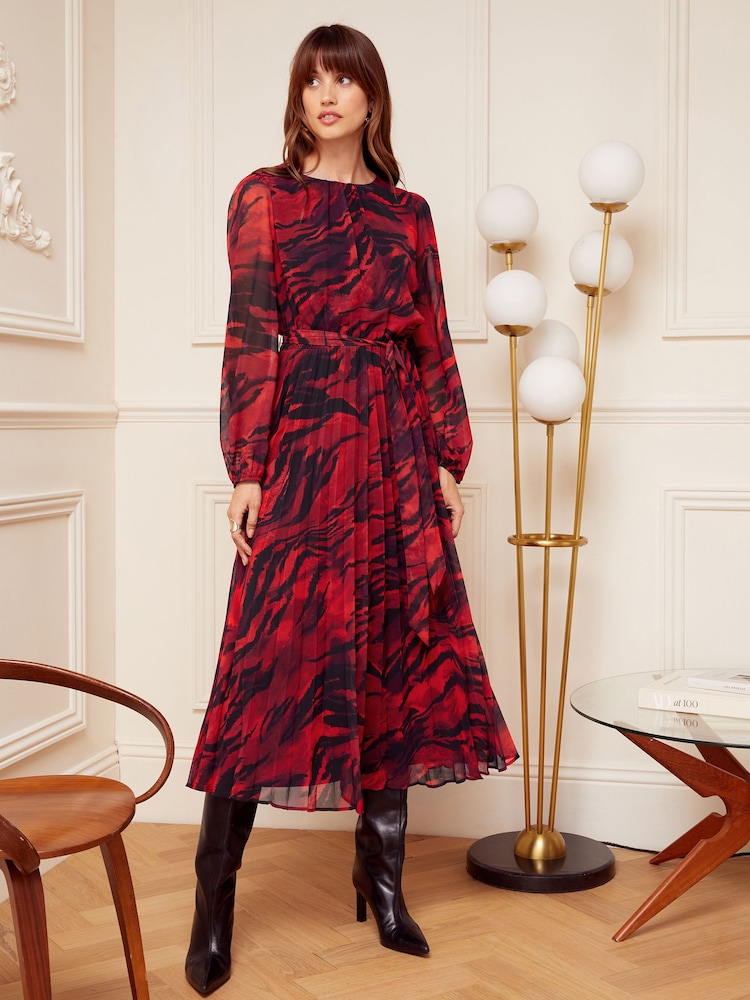 Love & Roses Red/Black Animal Printed Belted Pleated Long Sleeve Midi Dress - Image 1 of 4